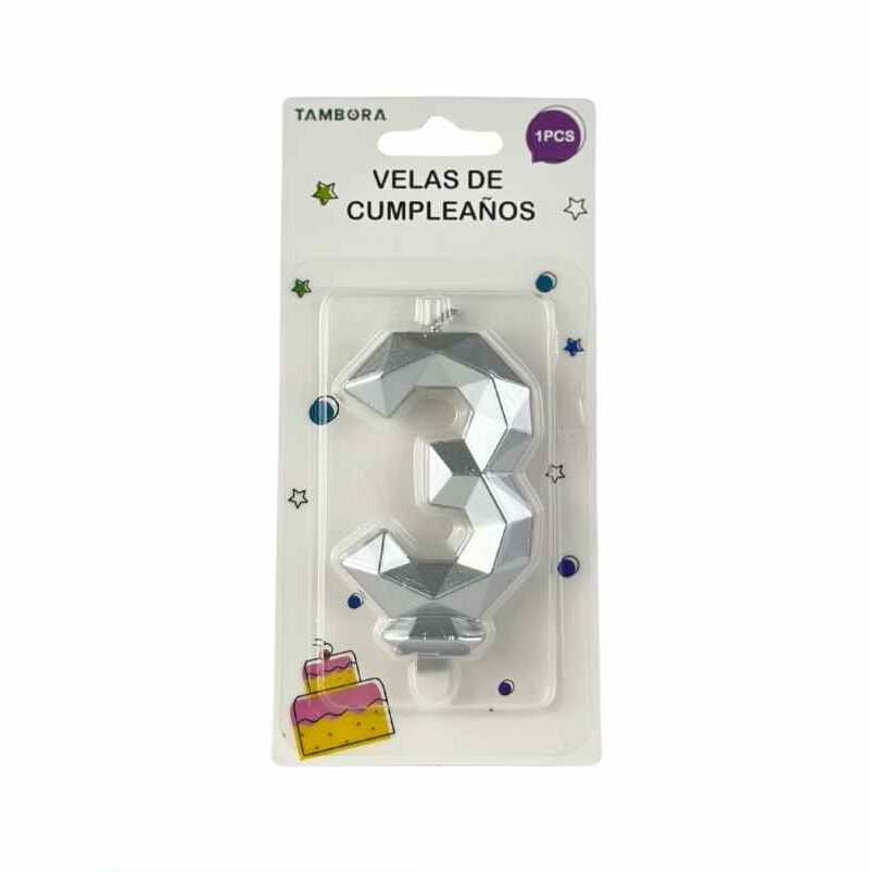 Vela para torta "3" color plateado