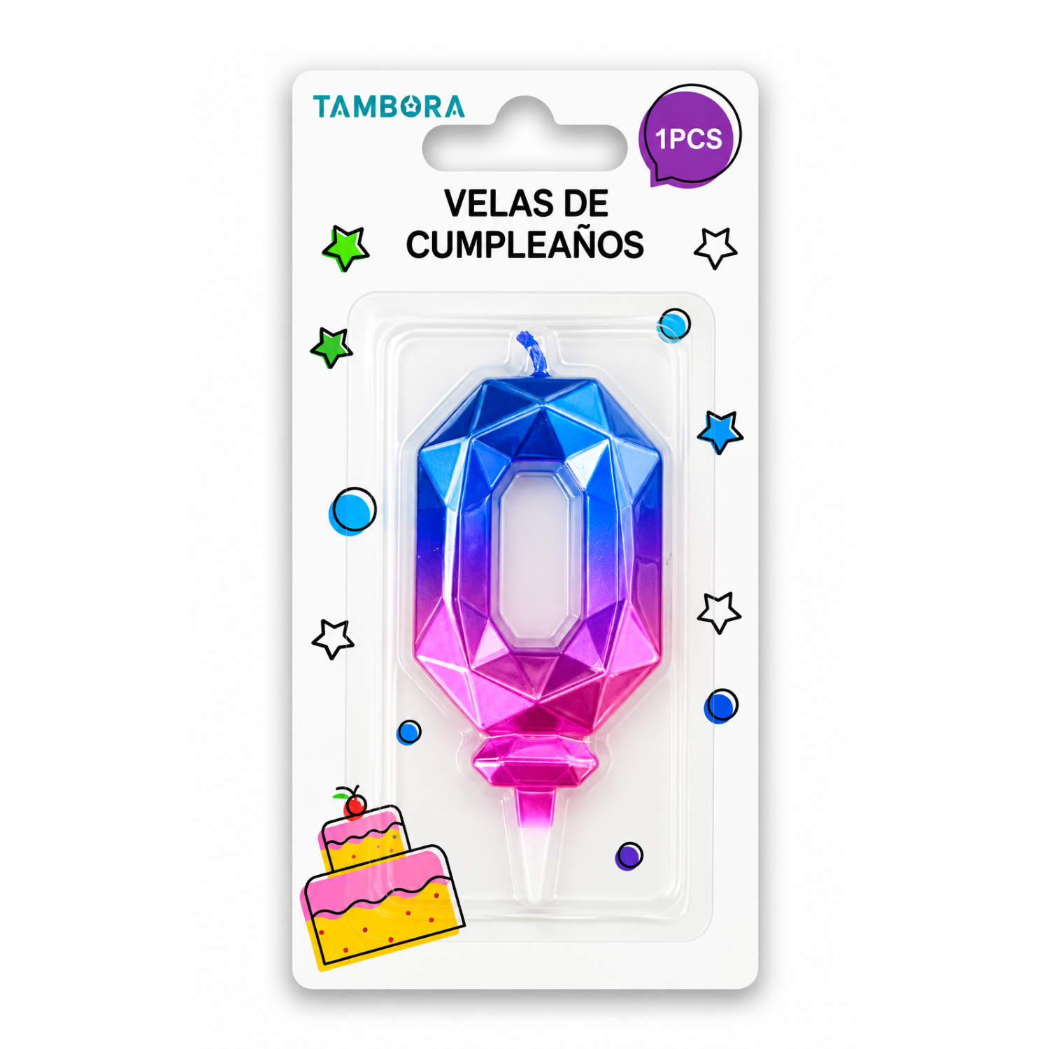 VELA DE CUMPLEAÑOS #0 DIAMANTE AZUL Y FUCSIA