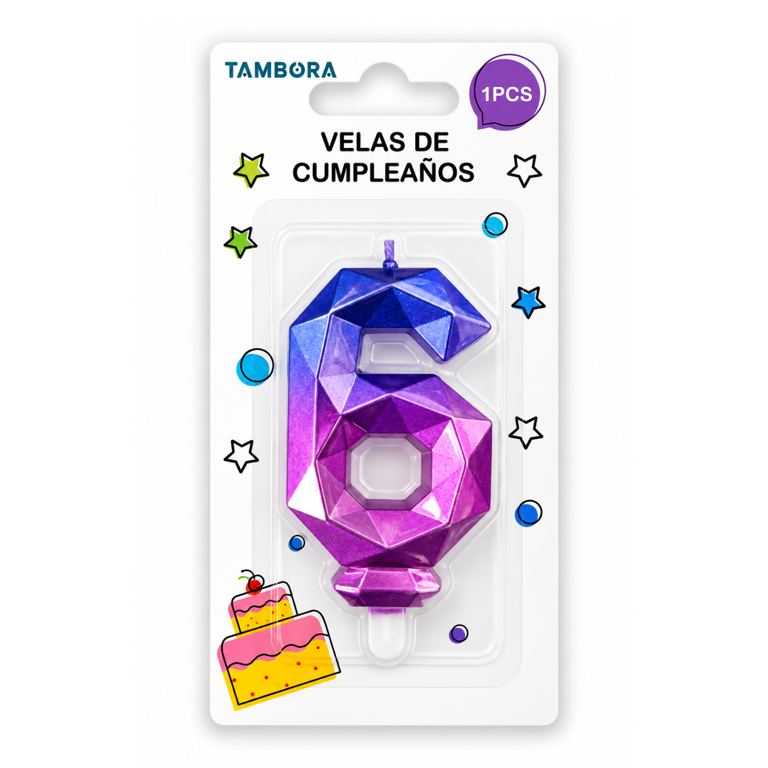 VELA DE CUMPLEAÑOS #6 DIAMANTE AZUL Y FUCSIA