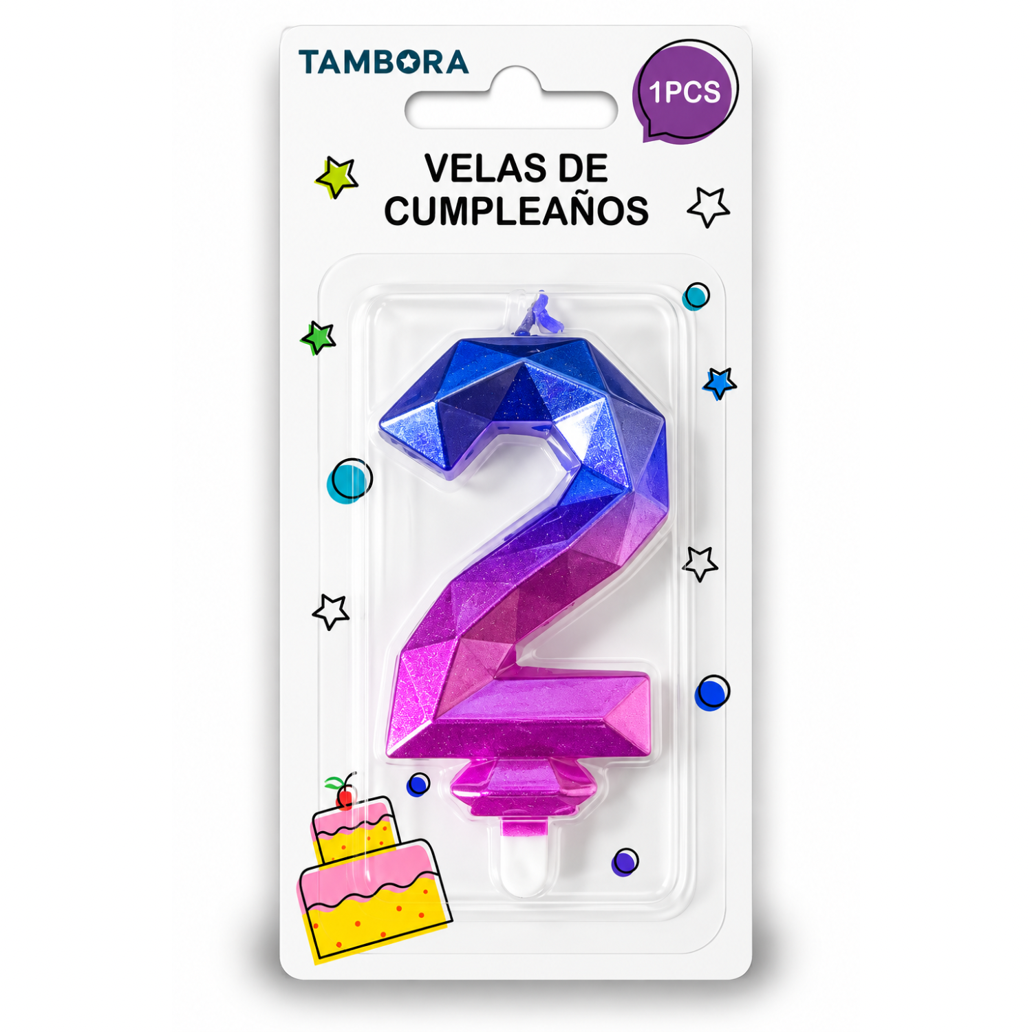 VELA DE CUMPLEAÑOS #2 DIAMANTE AZUL Y FUCSIA