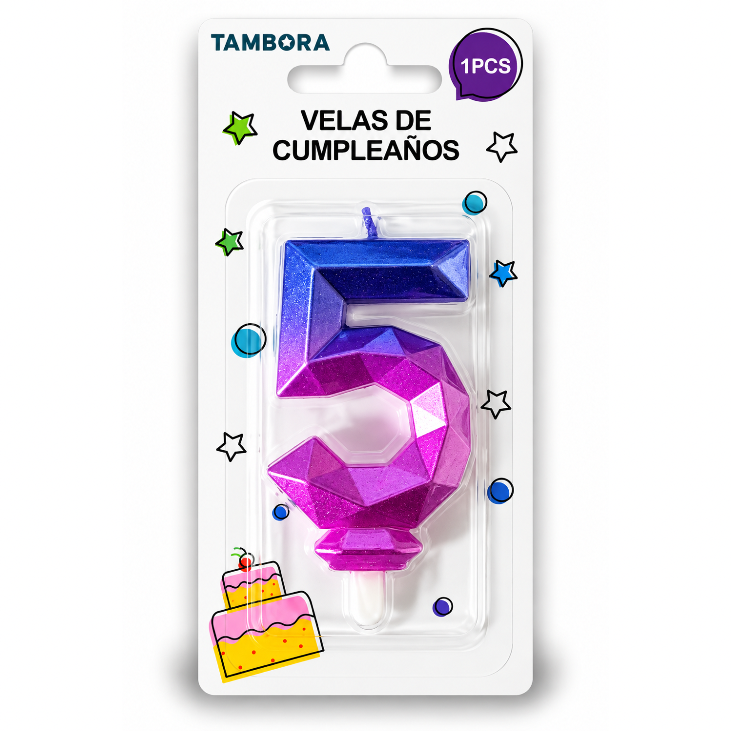 VELA DE CUMPLEAÑOS #5 DIAMANTE AZUL Y FUCSIA